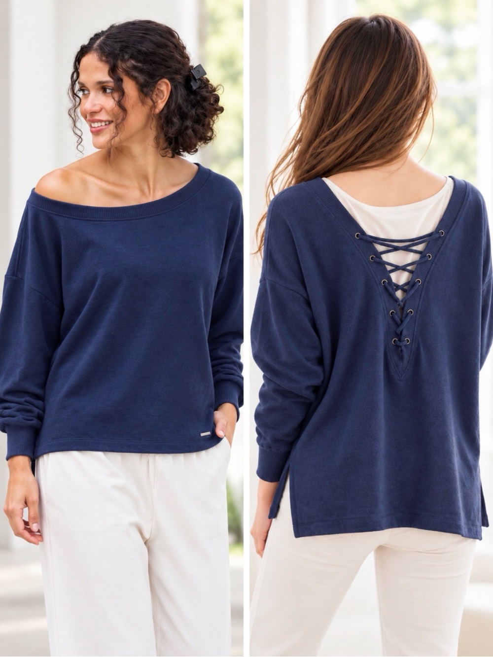 Lorna Jane Navy Lace-Up Back Slouchy Sweatshirt Size Small